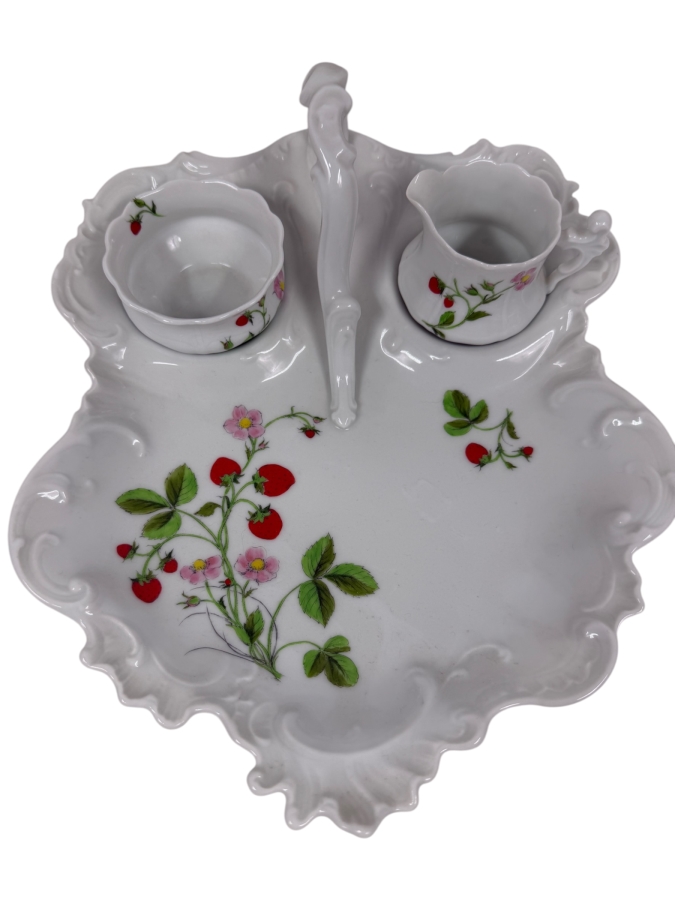 Limoges France 'Peint A La Main' Porcelain Serving Platter With Scalloped Edge And Strawberry Motif 11' W X 9.5'D X 3.5'H