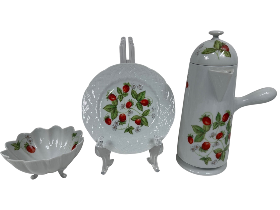 Lot Of (3) Vintage French Limoges Porcelain Items Including Footed Bowl, Plate and Coffee Pot - See Photos for Details