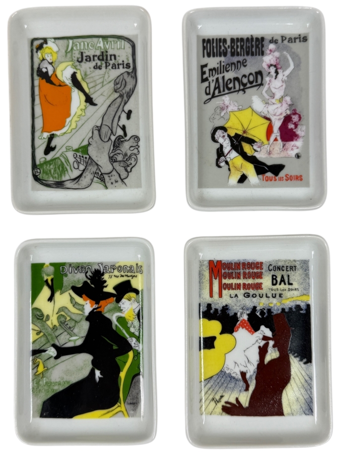 Set Of Four Toulouse Lautrec Poster Art Porcelain Trinket Dishes From Limoges France 3'W x 4'H