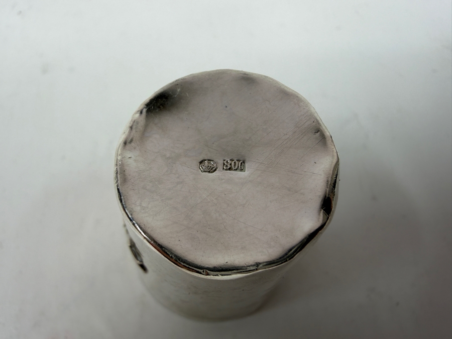 (3) Silver Tableware Pieces Featuring An 800 Silver Floral Repousse Cup And Two Sterling Silver Spoons With English Hallmarks 45.6g [Photo 4]