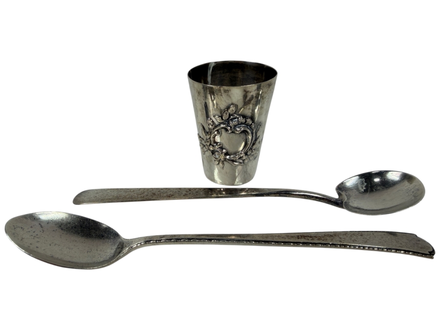 (3) Silver Tableware Pieces Featuring An 800 Silver Floral Repousse Cup And Two Sterling Silver Spoons With English Hallmarks 45.6g