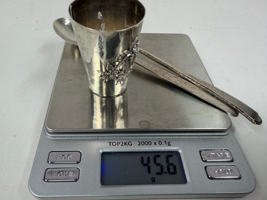 (3) Silver Tableware Pieces Featuring An 800 Silver Floral Repousse Cup And Two Sterling Silver Spoons With English Hallmarks 45.6g [Photo 7]