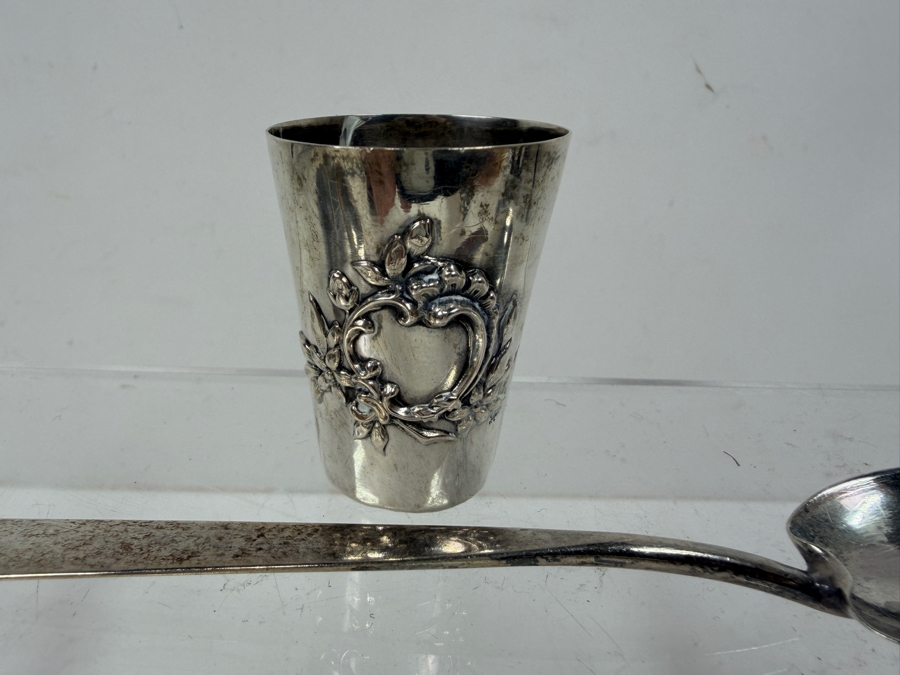 (3) Silver Tableware Pieces Featuring An 800 Silver Floral Repousse Cup And Two Sterling Silver Spoons With English Hallmarks 45.6g [Photo 2]