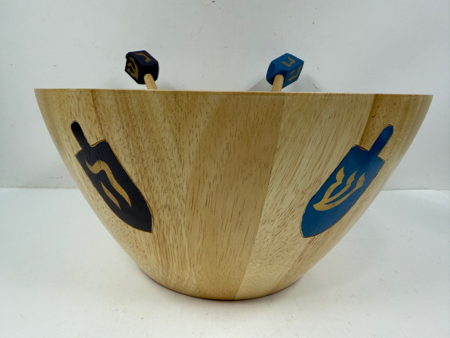 Clay Art Hand Painted Wooden Serving Bowl With Dreidel Designs And Spoons 12'W x 6'H [Photo 3]