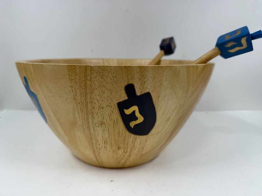 Clay Art Hand Painted Wooden Serving Bowl With Dreidel Designs And Spoons 12'W x 6'H [Photo 4]