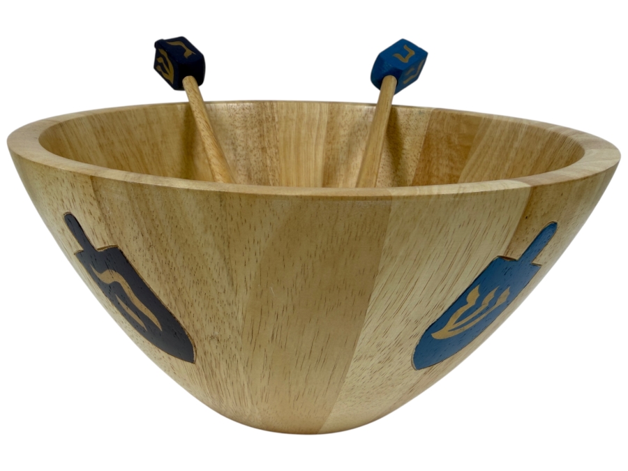 Clay Art Hand Painted Wooden Serving Bowl With Dreidel Designs And Spoons 12'W x 6'H
