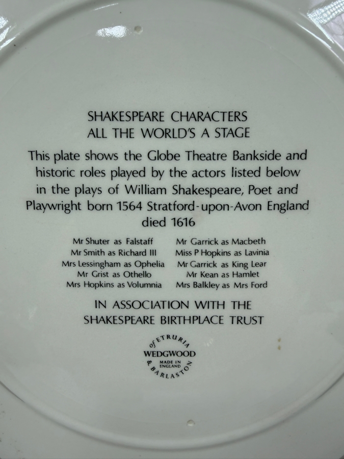 Vintage Wedgwood Of Etruria Collector's Plate Titled 'Shakespeare Characters - All The World's A Stage' 10'W [Photo 6]