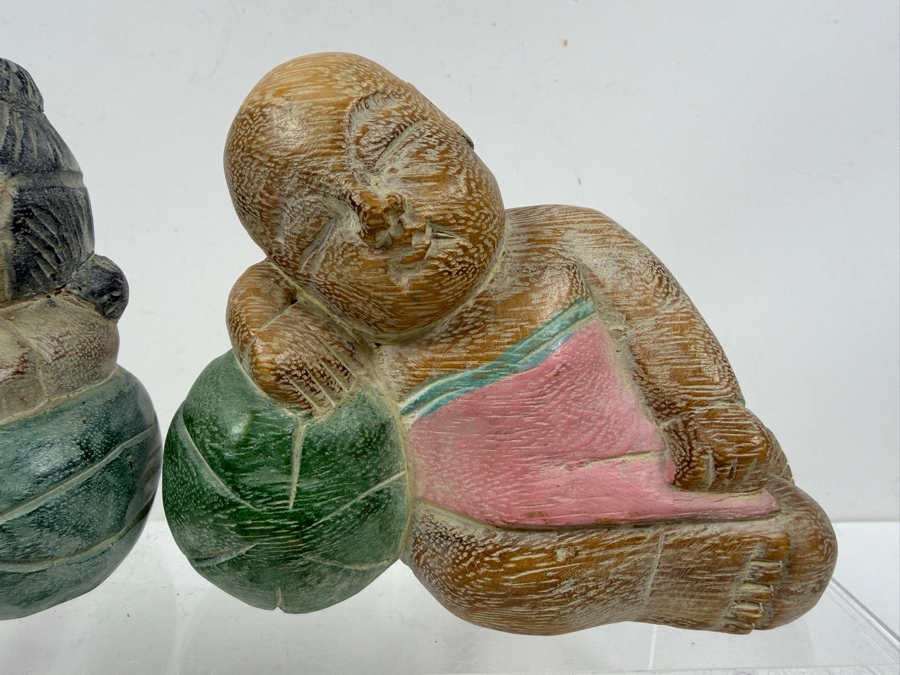 Vintage Asian Hand-Carved Wood Sculptures Depicting A Sleeping Boy And Girl - Good Luck Sleeping Melon Babies 6'W X 4'H
 [Photo 3]