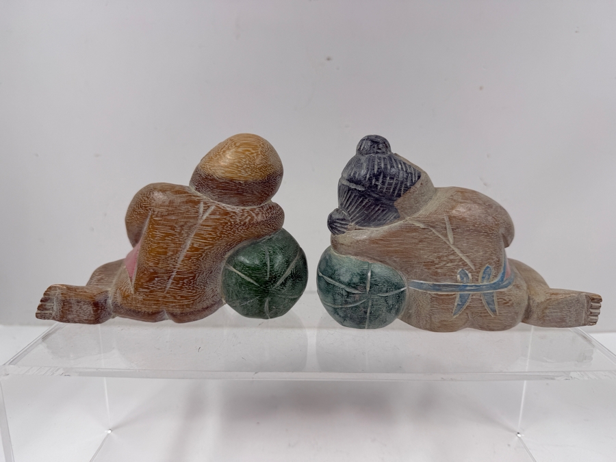 Vintage Asian Hand-Carved Wood Sculptures Depicting A Sleeping Boy And Girl - Good Luck Sleeping Melon Babies 6'W X 4'H
 [Photo 4]