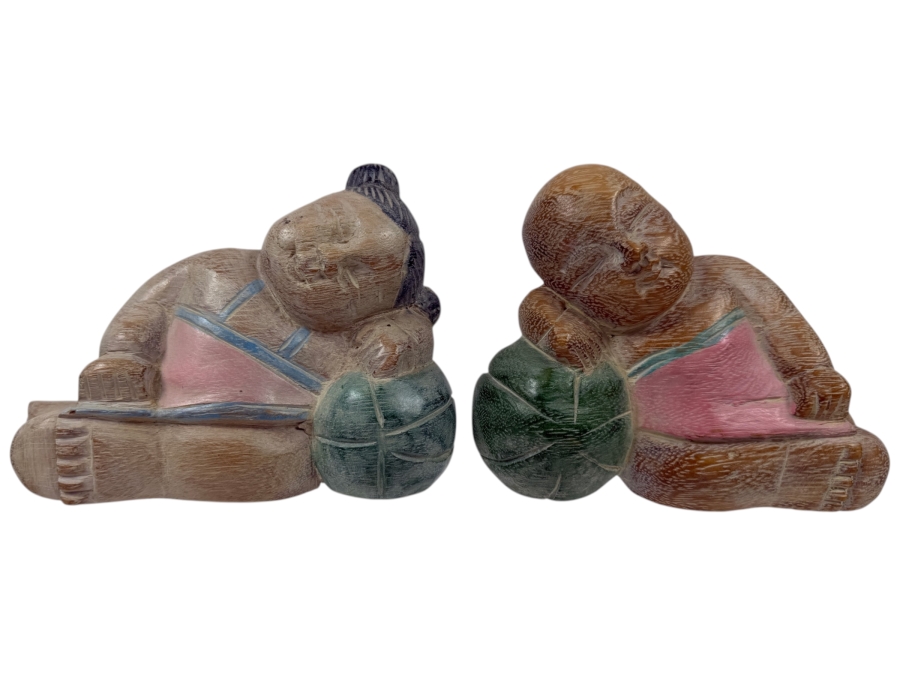 Vintage Asian Hand-Carved Wood Sculptures Depicting A Sleeping Boy And Girl - Good Luck Sleeping Melon Babies 6'W X 4'H
