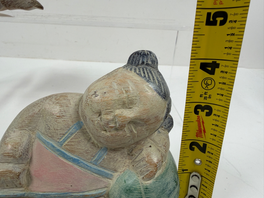 Vintage Asian Hand-Carved Wood Sculptures Depicting A Sleeping Boy And Girl - Good Luck Sleeping Melon Babies 6'W X 4'H
 [Photo 7]