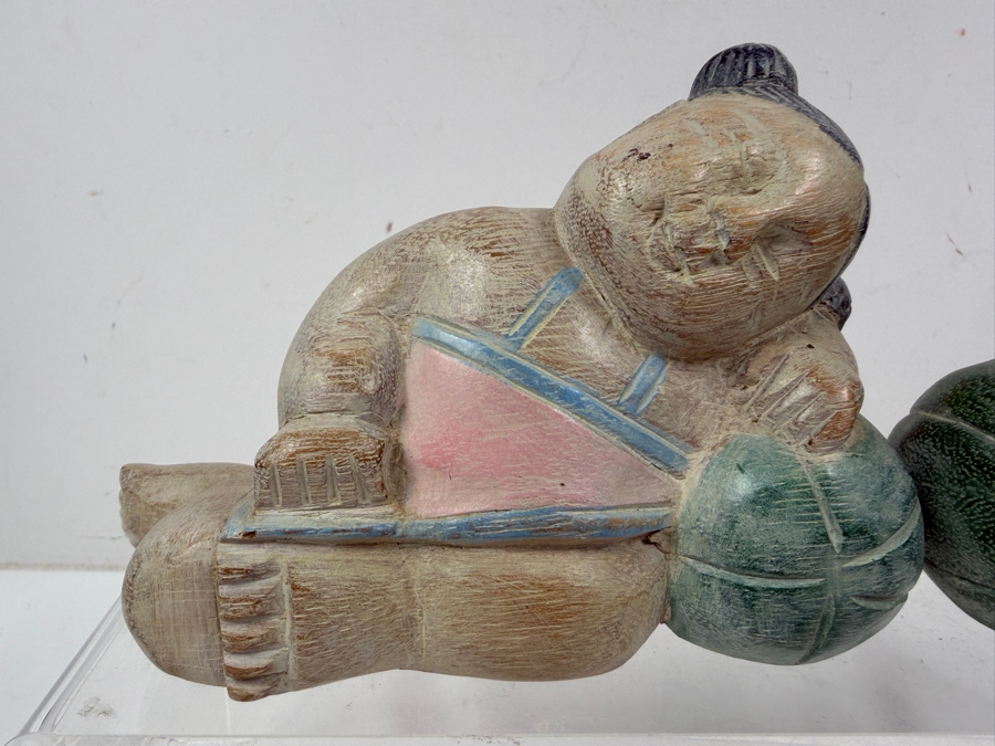 Vintage Asian Hand-Carved Wood Sculptures Depicting A Sleeping Boy And Girl - Good Luck Sleeping Melon Babies 6'W X 4'H
 [Photo 2]