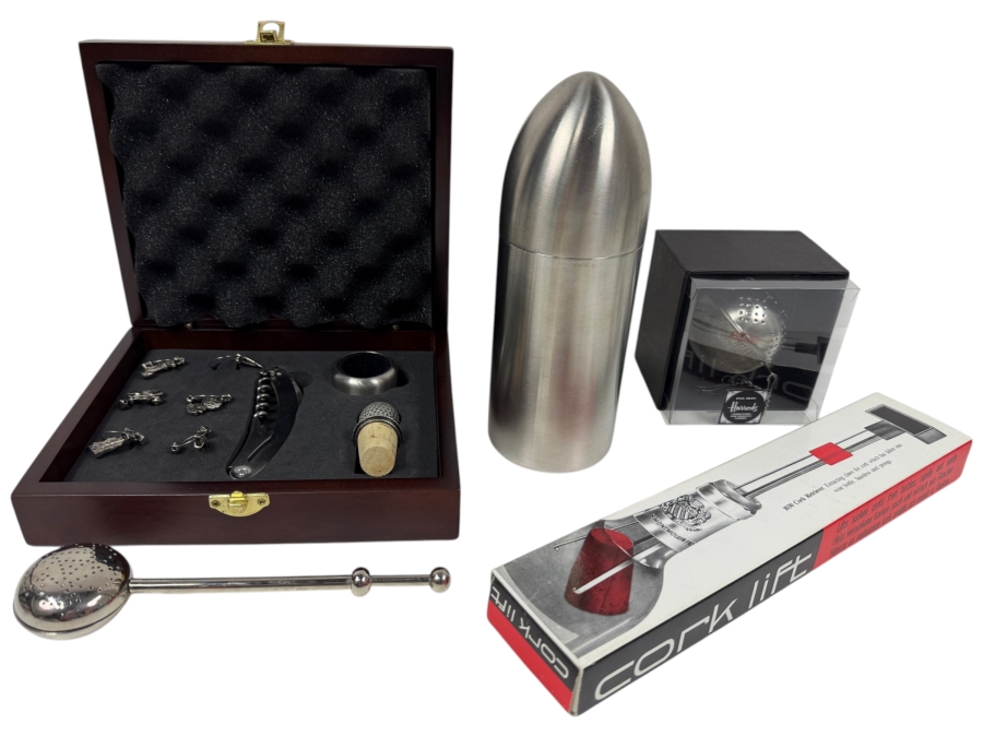 Collection Of Vintage Barware And Cocktail Tools Including Dunhill Bullet-Shaped Cocktail Shaker, Cork Lift Set And Tea Infuser From Harrods