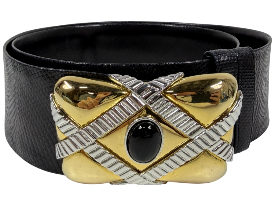 Judith Leiber Black Leather Belt With Ornate Gold And Silver-Tone And Onyx Buckle 36'L