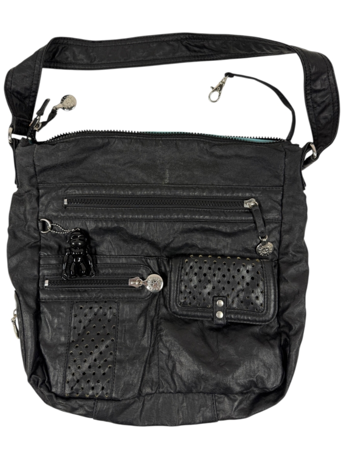 Black Faux Leather Kipling Crossbody Bag With Monkey Charm 14'W X 13'H