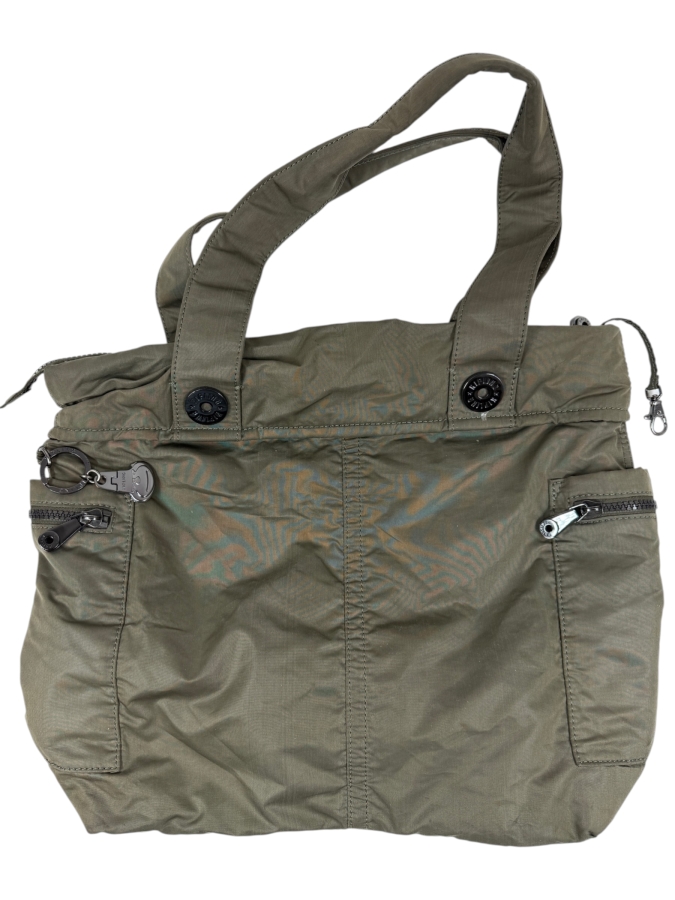 Kipling Khaki Nylon Tote Bag With Multiple Zipper Pockets And Monkey Charm 16'W X 12'H