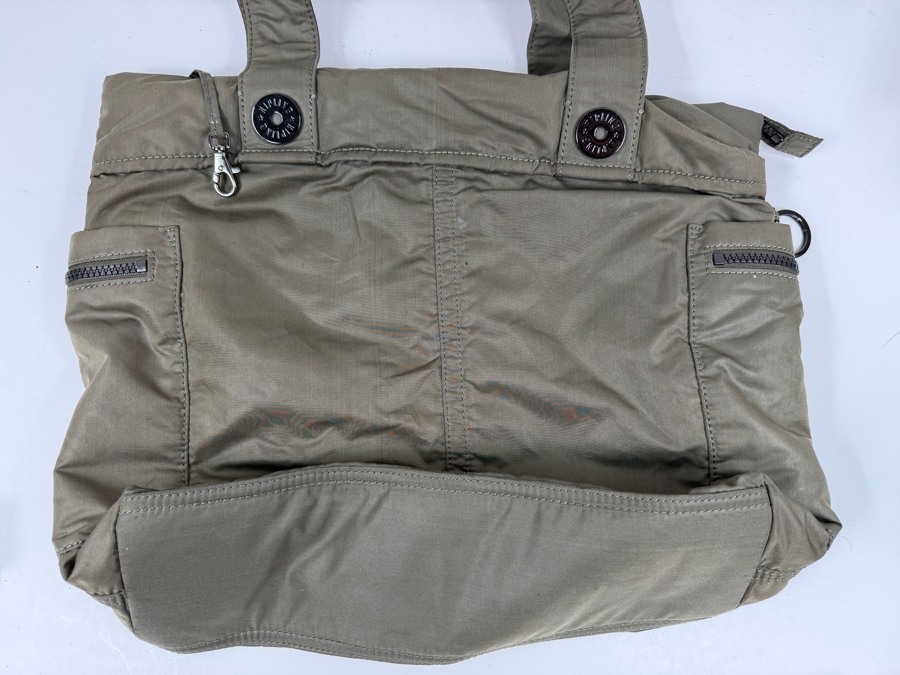 Kipling Khaki Nylon Tote Bag With Multiple Zipper Pockets And Monkey Charm 16'W X 12'H [Photo 3]