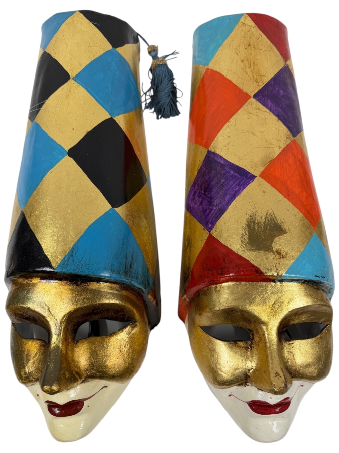Two Venetian Harlequin Jester Masks With Gold Faces Diamond Patterned Caps 6.5'W X 18'H