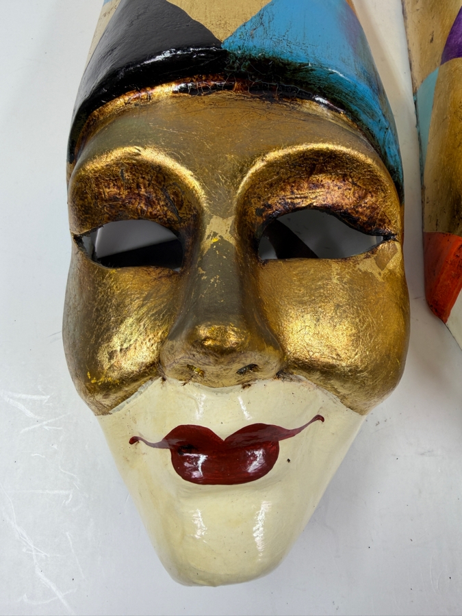 Two Venetian Harlequin Jester Masks With Gold Faces Diamond Patterned Caps 6.5'W X 18'H [Photo 3]