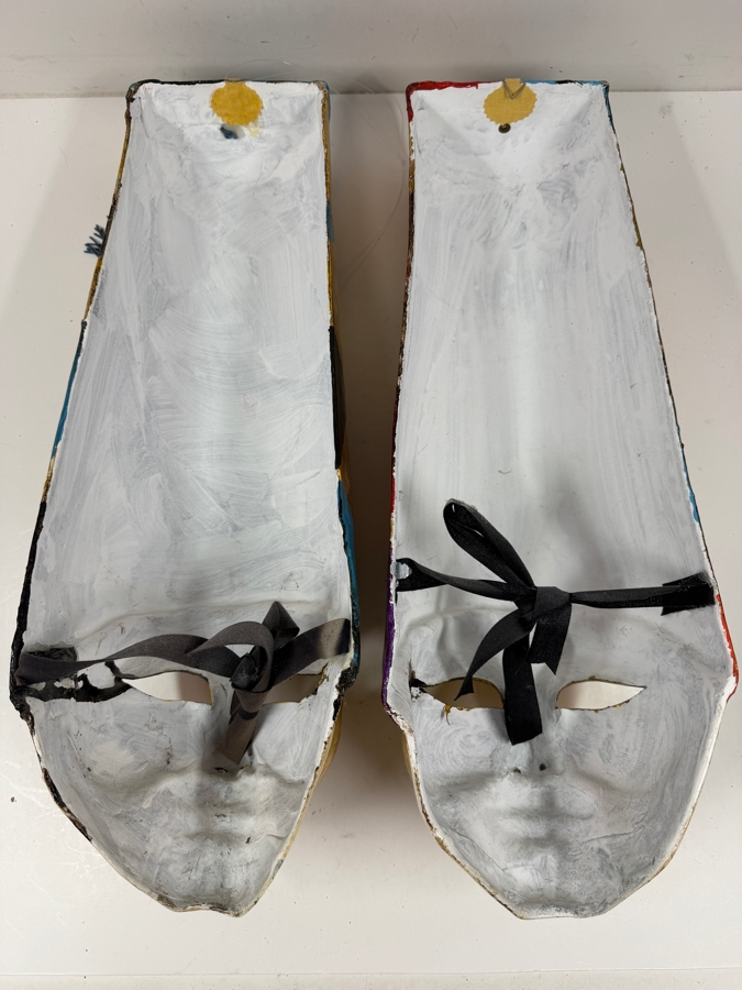 Two Venetian Harlequin Jester Masks With Gold Faces Diamond Patterned Caps 6.5'W X 18'H [Photo 4]