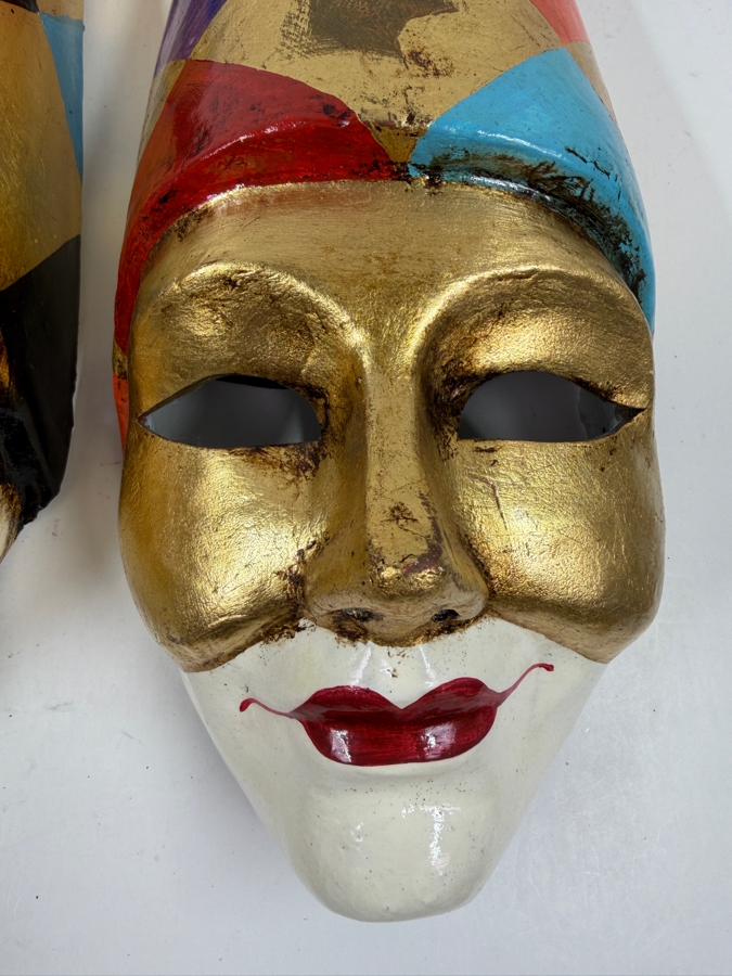Two Venetian Harlequin Jester Masks With Gold Faces Diamond Patterned Caps 6.5'W X 18'H [Photo 2]