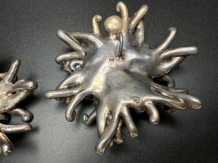 Large Vintage Sterling Silver Brutalist Abstract Starburst Pendants With Red And Brown Gemstones 82.6g [Photo 10]