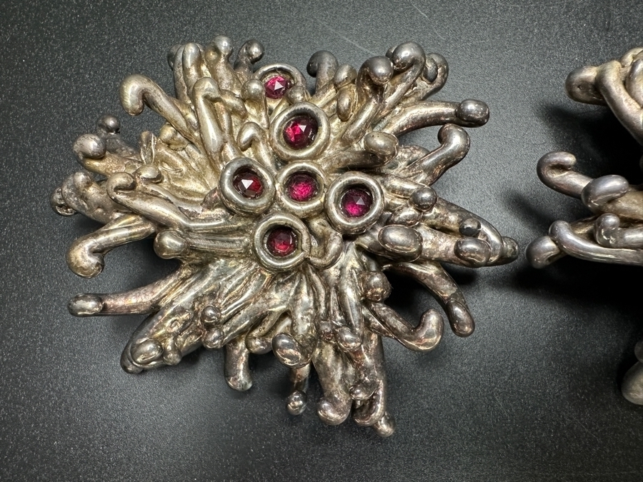 Large Vintage Sterling Silver Brutalist Abstract Starburst Pendants With Red And Brown Gemstones 82.6g [Photo 3]