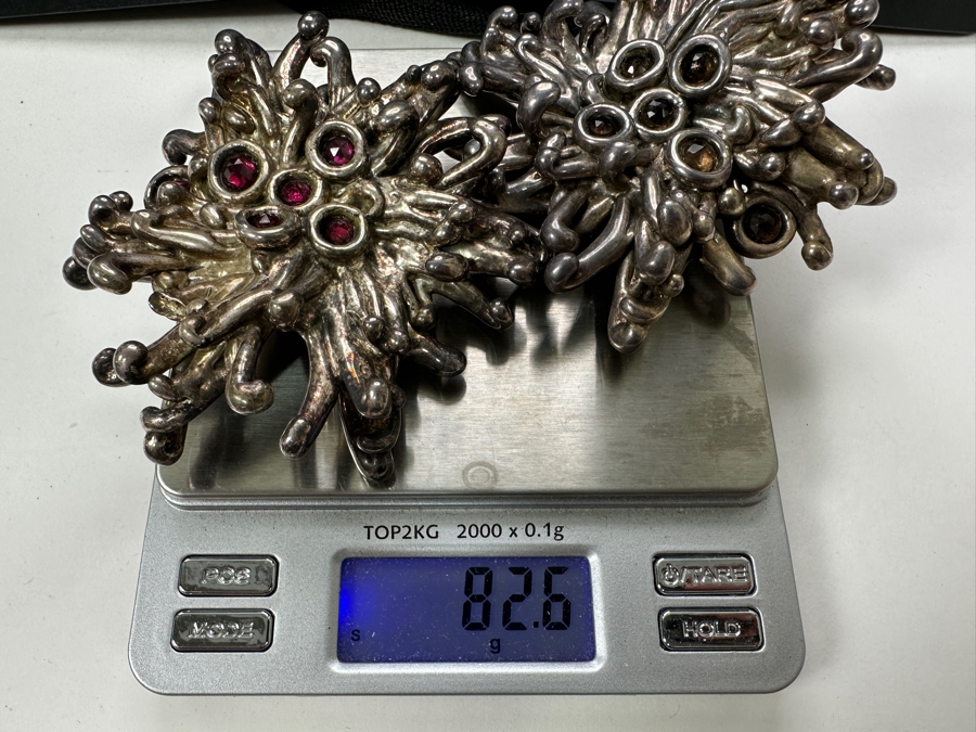 Large Vintage Sterling Silver Brutalist Abstract Starburst Pendants With Red And Brown Gemstones 82.6g [Photo 12]