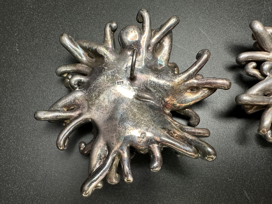 Large Vintage Sterling Silver Brutalist Abstract Starburst Pendants With Red And Brown Gemstones 82.6g [Photo 8]