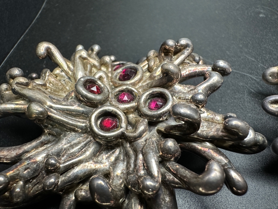 Large Vintage Sterling Silver Brutalist Abstract Starburst Pendants With Red And Brown Gemstones 82.6g [Photo 6]