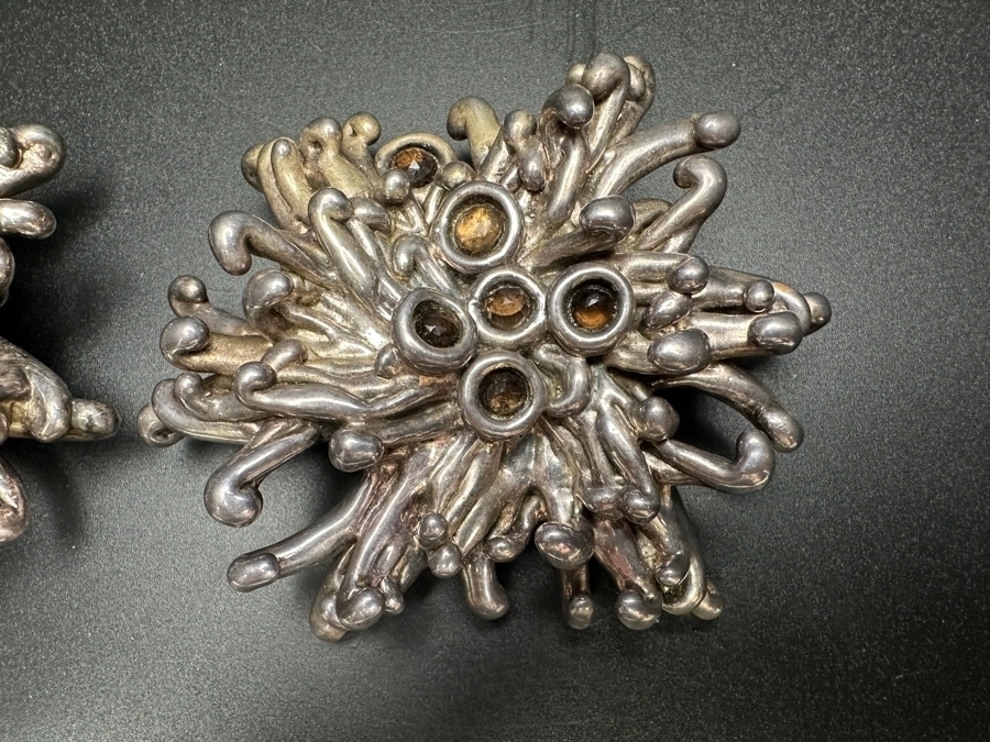 Large Vintage Sterling Silver Brutalist Abstract Starburst Pendants With Red And Brown Gemstones 82.6g [Photo 4]