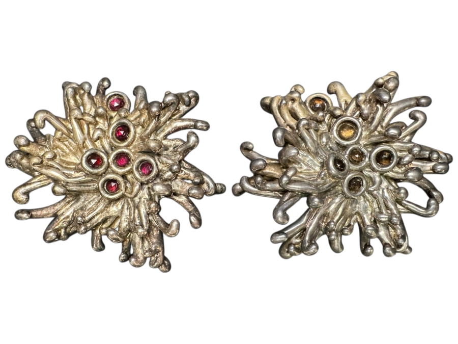 Large Vintage Sterling Silver Brutalist Abstract Starburst Pendants With Red And Brown Gemstones 82.6g