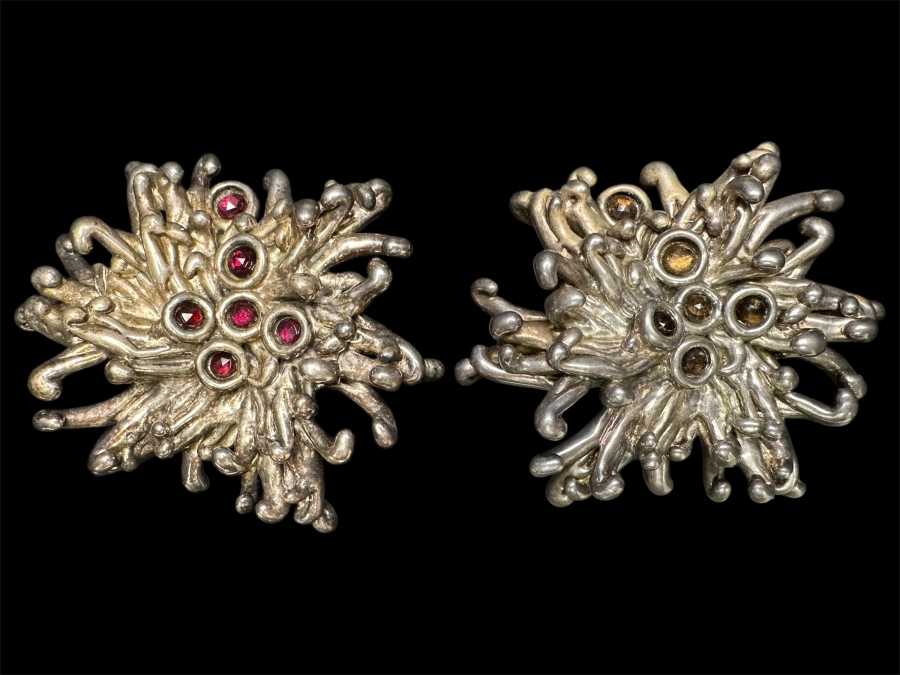 Large Vintage Sterling Silver Brutalist Abstract Starburst Pendants With Red And Brown Gemstones 82.6g [Photo 2]