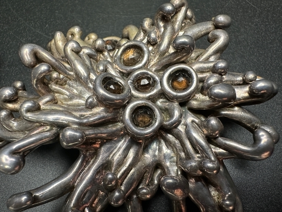Large Vintage Sterling Silver Brutalist Abstract Starburst Pendants With Red And Brown Gemstones 82.6g [Photo 5]