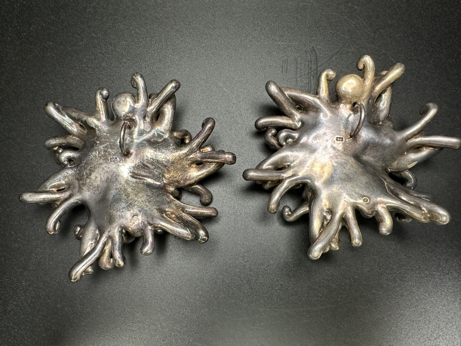 Large Vintage Sterling Silver Brutalist Abstract Starburst Pendants With Red And Brown Gemstones 82.6g [Photo 7]