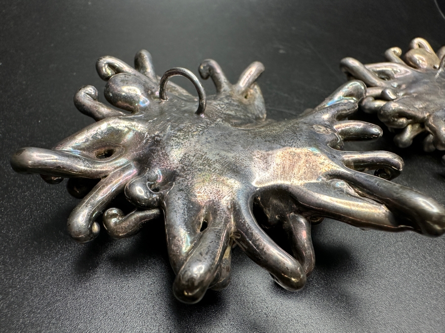 Large Vintage Sterling Silver Brutalist Abstract Starburst Pendants With Red And Brown Gemstones 82.6g [Photo 11]