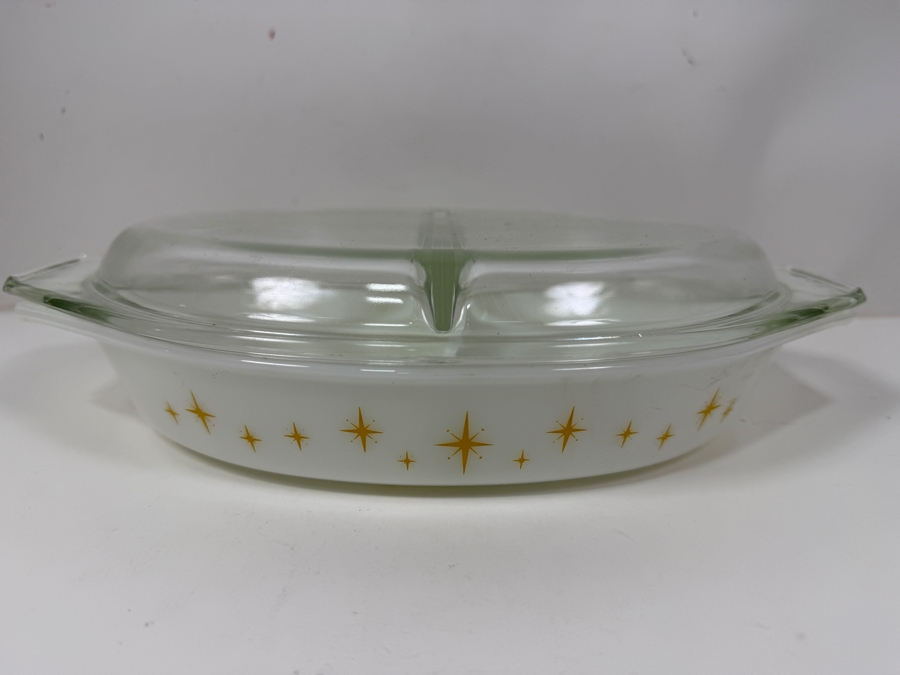 Vintage Pyrex Cinderella Starburst Divided Casserole Dish 1 1/2 Quart With Lid Made In USA 13'W [Photo 2]