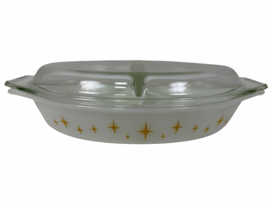 Vintage Pyrex Cinderella Starburst Divided Casserole Dish 1 1/2 Quart With Lid Made In USA 13'W