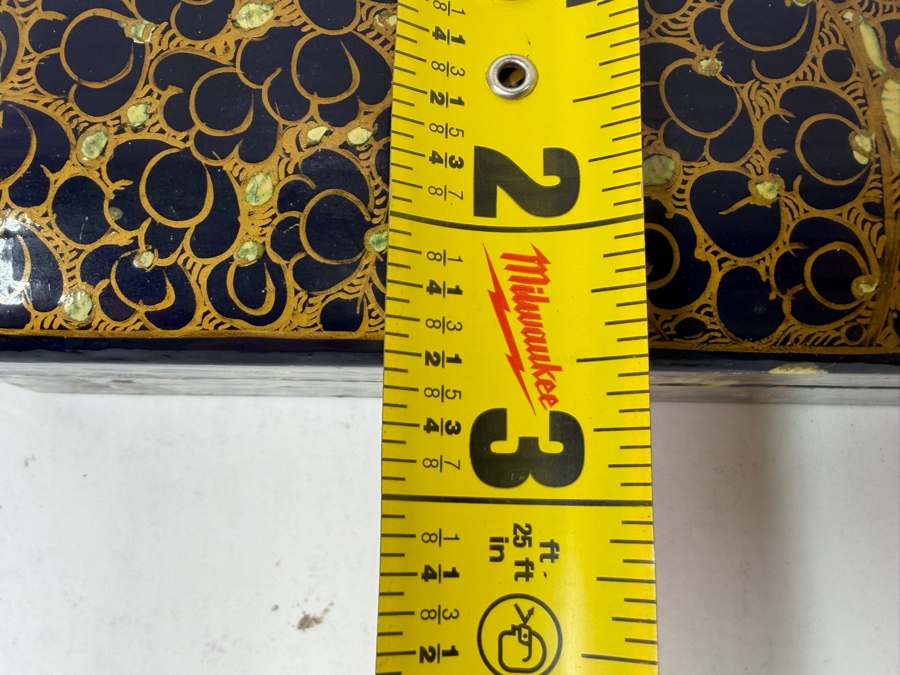 Vintage Kashmiri Papier-Mache Box Decorated With Black Lacquer And Intricate Gold Leaf Painting 8'W X 2.5'D x 2'H [Photo 8]