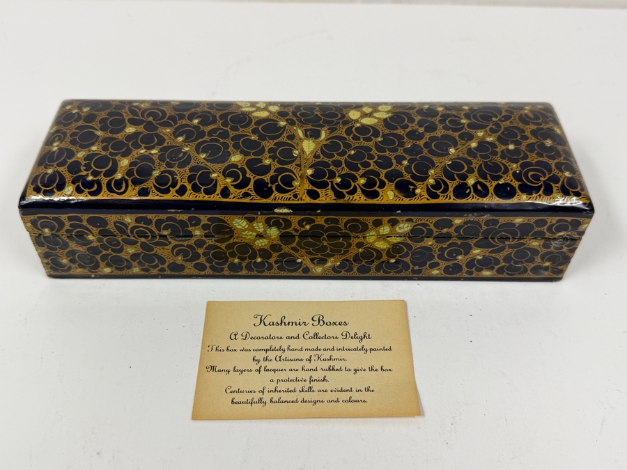 Vintage Kashmiri Papier-Mache Box Decorated With Black Lacquer And Intricate Gold Leaf Painting 8'W X 2.5'D x 2'H [Photo 3]