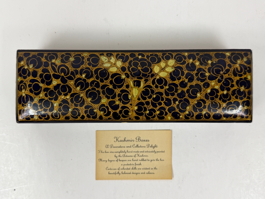 Vintage Kashmiri Papier-Mache Box Decorated With Black Lacquer And Intricate Gold Leaf Painting 8'W X 2.5'D x 2'H [Photo 2]