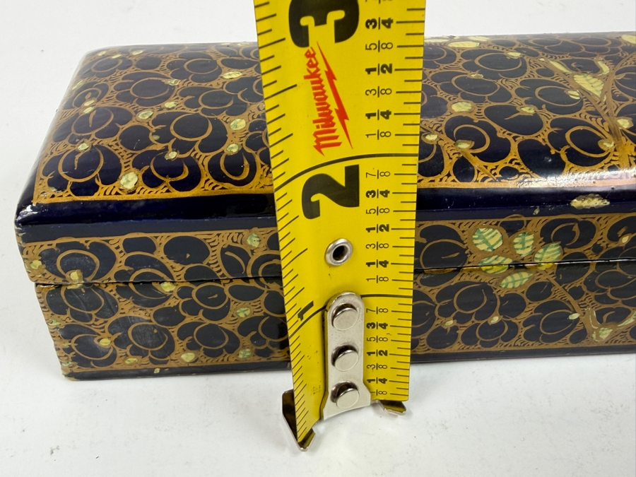 Vintage Kashmiri Papier-Mache Box Decorated With Black Lacquer And Intricate Gold Leaf Painting 8'W X 2.5'D x 2'H [Photo 9]