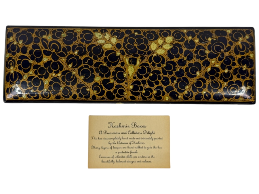 Vintage Kashmiri Papier-Mache Box Decorated With Black Lacquer And Intricate Gold Leaf Painting 8'W X 2.5'D x 2'H