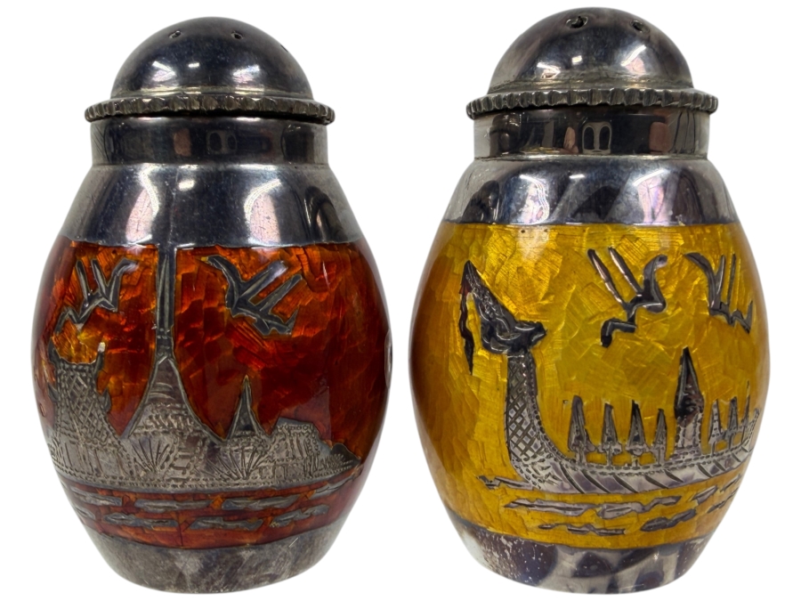 Sterling Silver Enamel Decorated Egg Shaped Salt And Pepper Shakers With Asian Motif And 925 Hallmark 40.9g