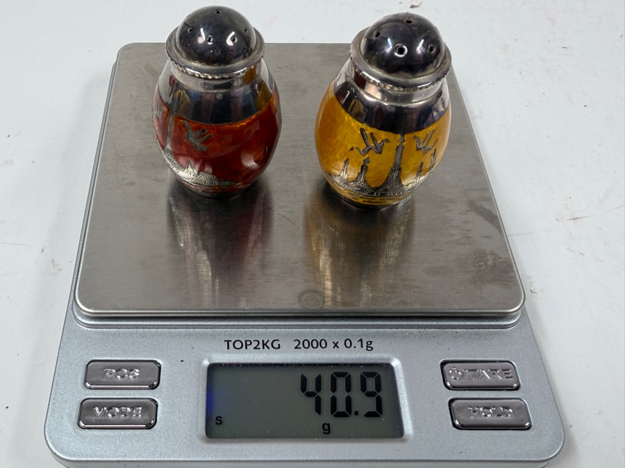 Sterling Silver Enamel Decorated Egg Shaped Salt And Pepper Shakers With Asian Motif And 925 Hallmark 40.9g [Photo 6]