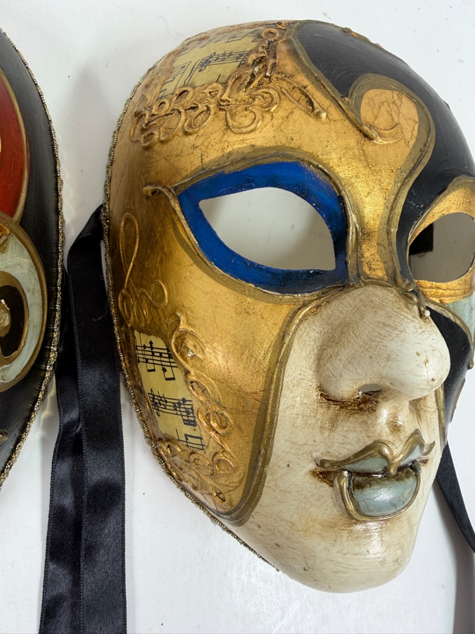 Pair Of Venetian Baroque Style Masks With Ornate Gold Accents And Musical Notes On One Mask 6'W X 9'H [Photo 5]