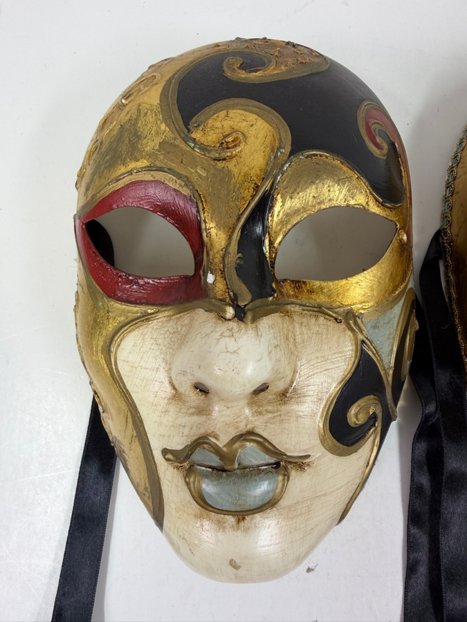 Pair Of Venetian Baroque Style Masks With Ornate Gold Accents And Musical Notes On One Mask 6'W X 9'H [Photo 3]