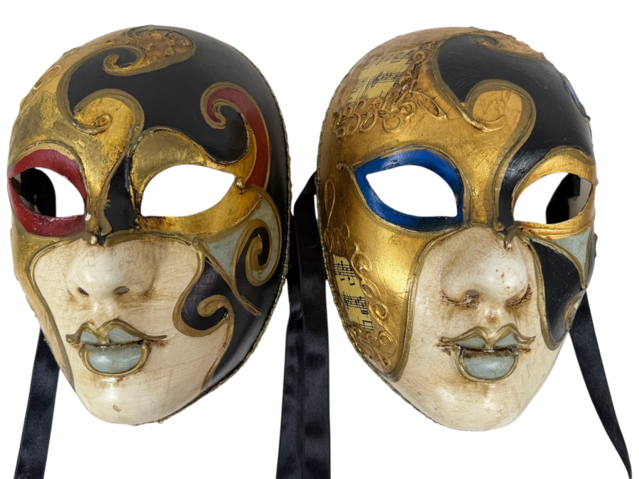 Pair Of Venetian Baroque Style Masks With Ornate Gold Accents And Musical Notes On One Mask 6'W X 9'H