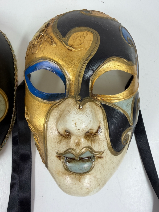 Pair Of Venetian Baroque Style Masks With Ornate Gold Accents And Musical Notes On One Mask 6'W X 9'H [Photo 4]