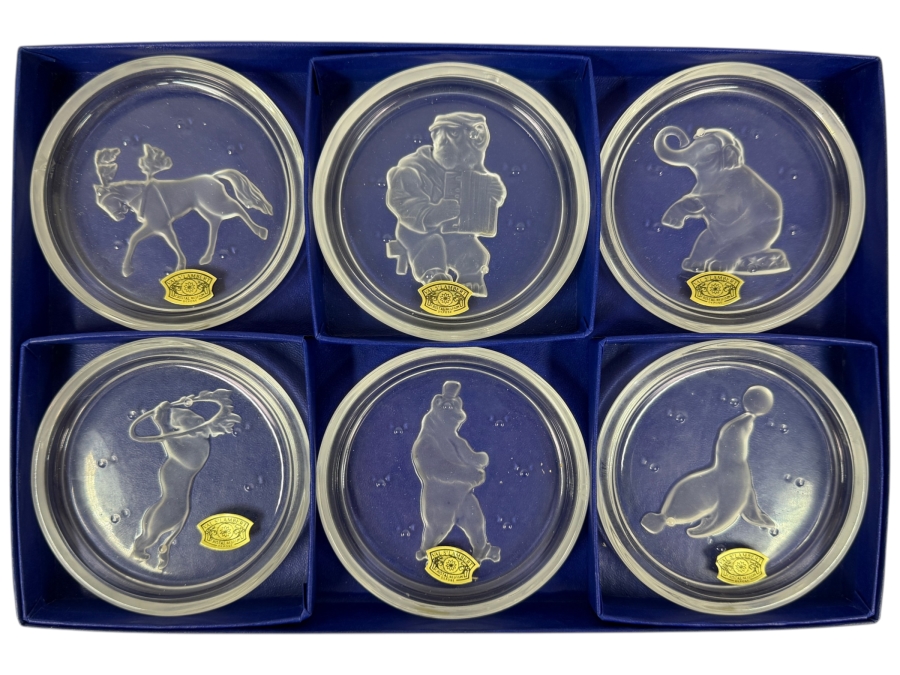 New Set Of Six Val St. Lambert Crystal Coasters Featuring Circus Animals With Gold Embossed Seals